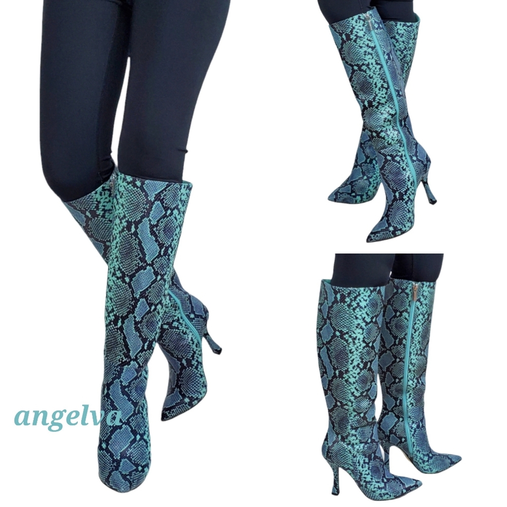 NWT Gianni bini lennoxe snake print leather stilleto heel tall boots teal waters